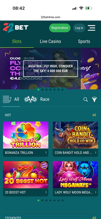 22BET mobile home page for Ireland showing a promotions carousel rather than a welcome package