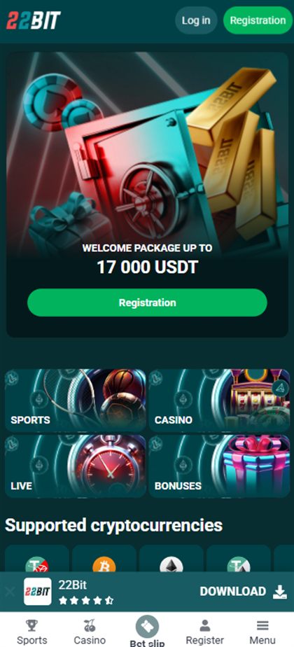22bit mobile home page advertising a crypto welcome package of up to 17,000 USDT