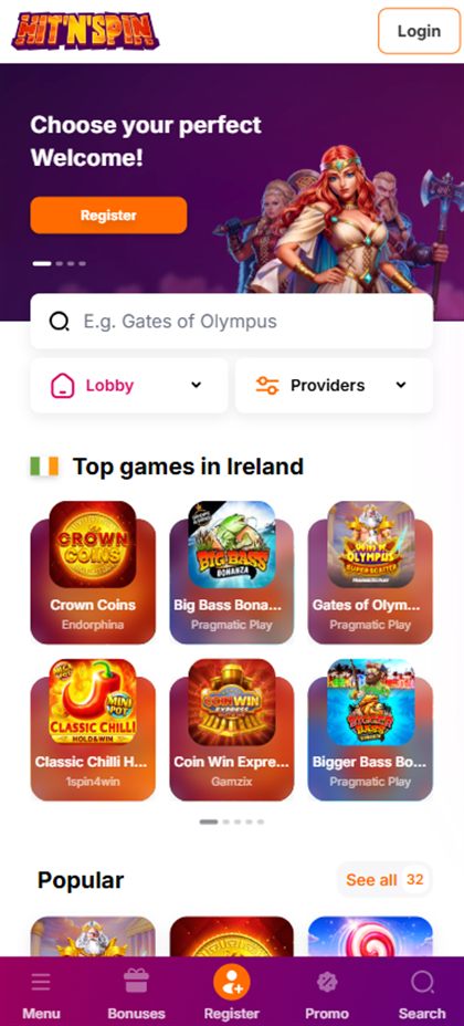 HitnSpin mobile homepage as shown to players in Ireland, with the “Top games in Ireland” row