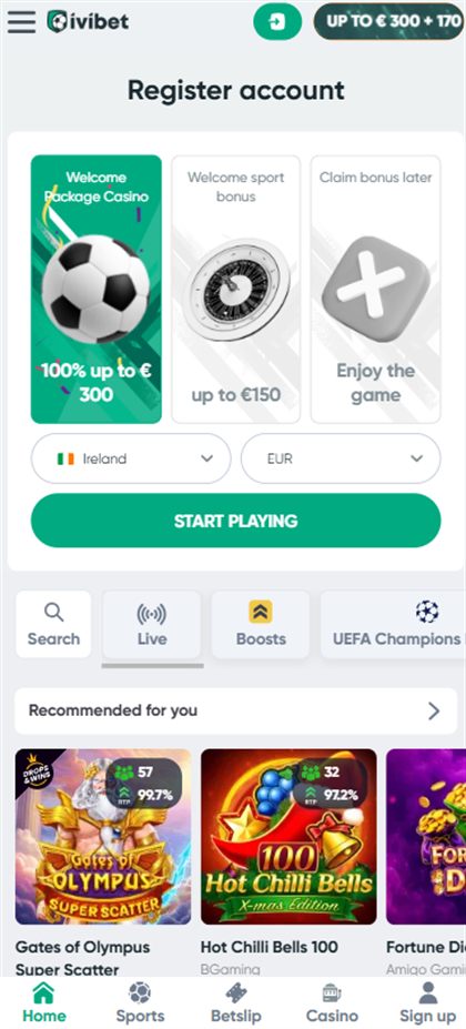 iviBet registration screen with Ireland and EUR already selected, showing the 100% up to €300 casino welcome package and the game lobby below
