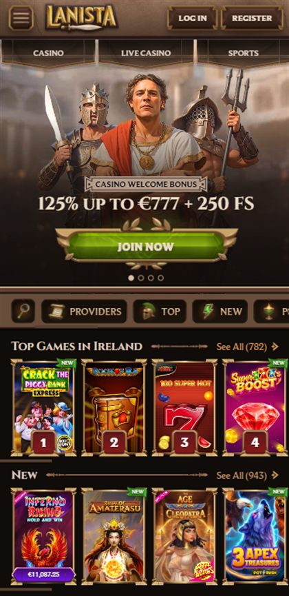 Lanista mobile homepage as shown to players in Ireland, showing the 125% up to €777 welcome bonus and the “Top Games in Ireland” row