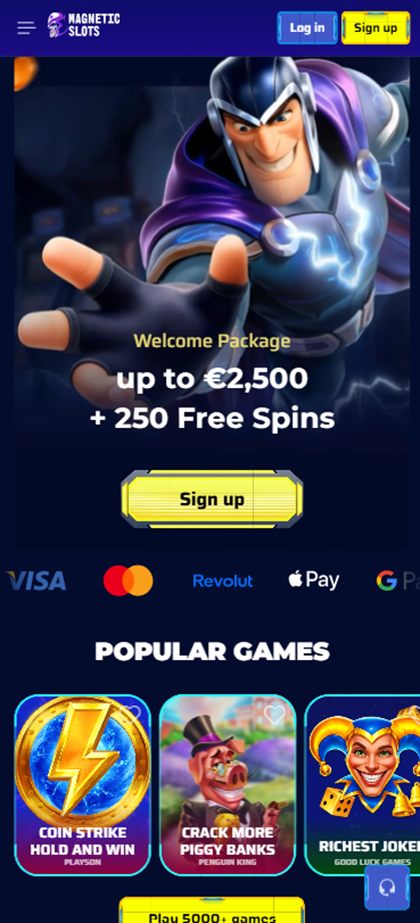 MagneticSlots mobile home page advertising a welcome package up to €2,500 with 250 free spins