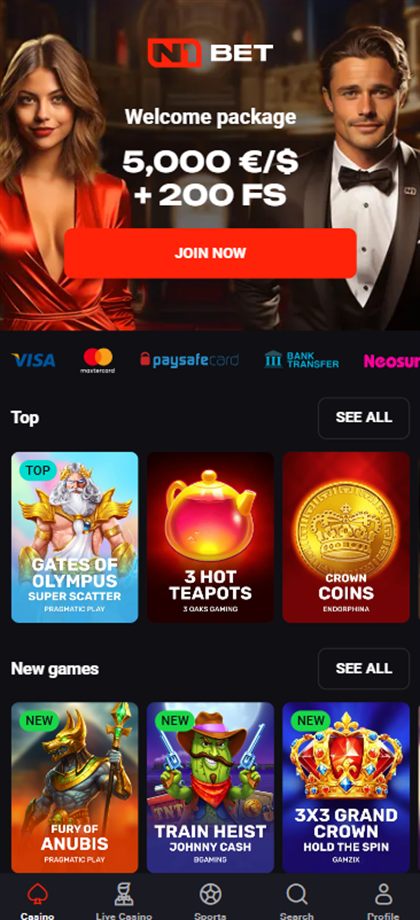 N1 Bet mobile home page advertising a 5,000 welcome package with 200 free spins